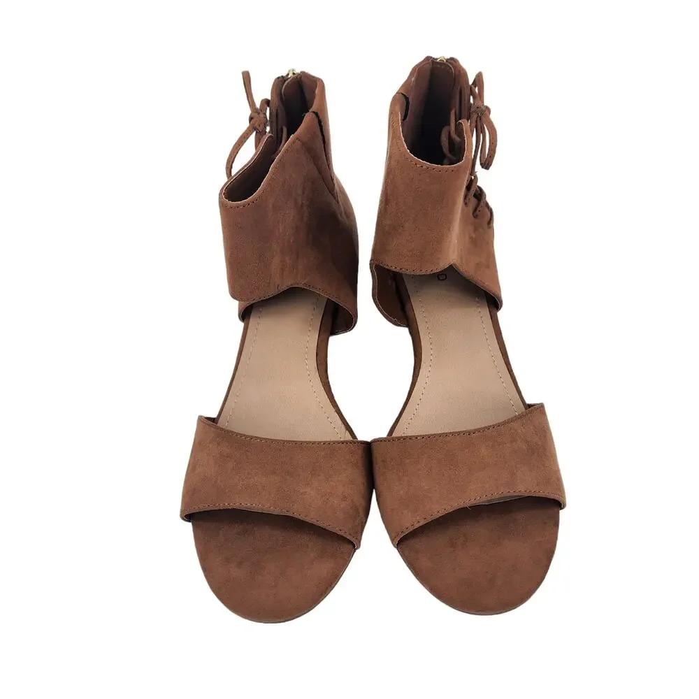 Torrid Brown Open Toe Lace Up Bow Mini Wedge Back Zipper Sandals Size 9 Wide